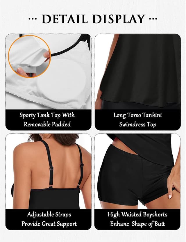 Detalle 2 de Urchics 2026 Plus Size Tankini Set for Women: Long Torso Top & High-Waisted Boyshorts with Tummy Control
