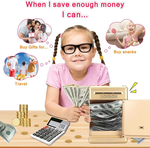 Detalle de YUNYODA Elektronische Sparbüchse für Kinder mit 4-stelligem Passwort und automatischer Münz-/Geldschein-Aufnahme