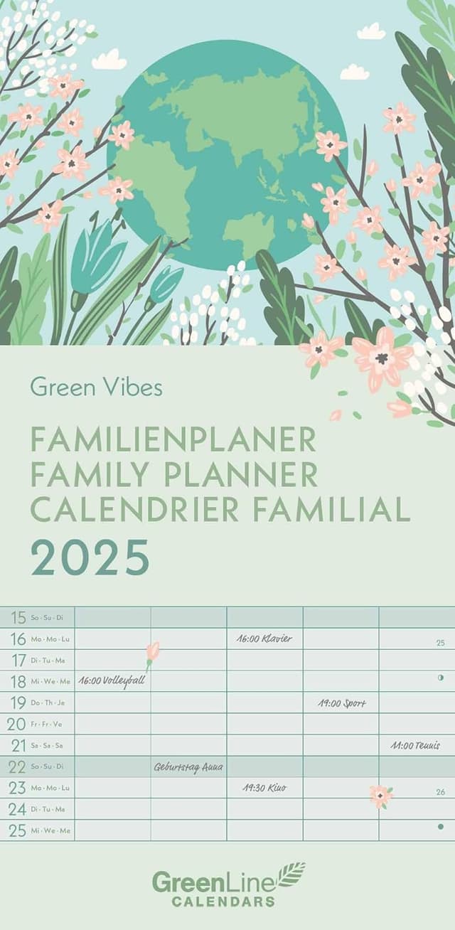 Detalle de GreenLine Green Vibes 2025 Familienplaner (22x45 cm) mit Spiralbindung – Familienkalender in 5 Spalten