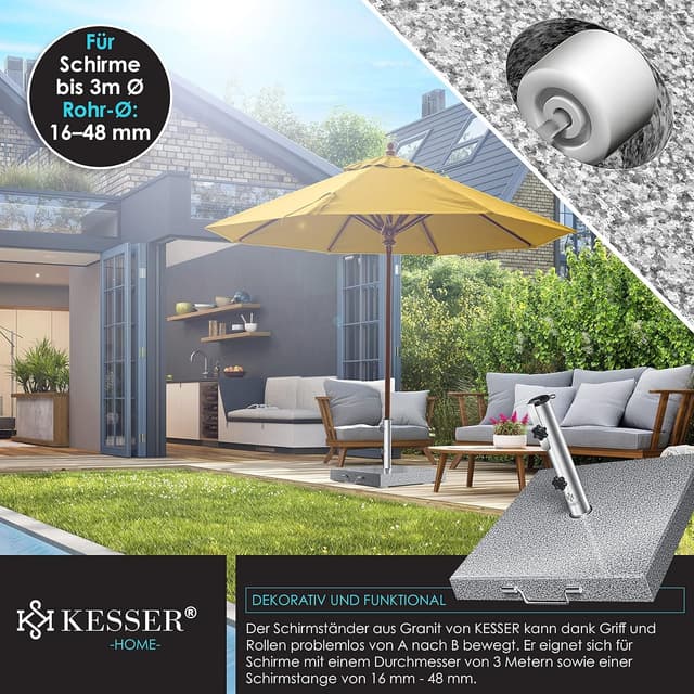 Detalle de KESSER Granit-Sonnenschirmständer mit Edelstahlrohr – quadratischer Sockel (30 kg) für Schirmstöcke 16–48 mm, inkl. Transportgriff, grau