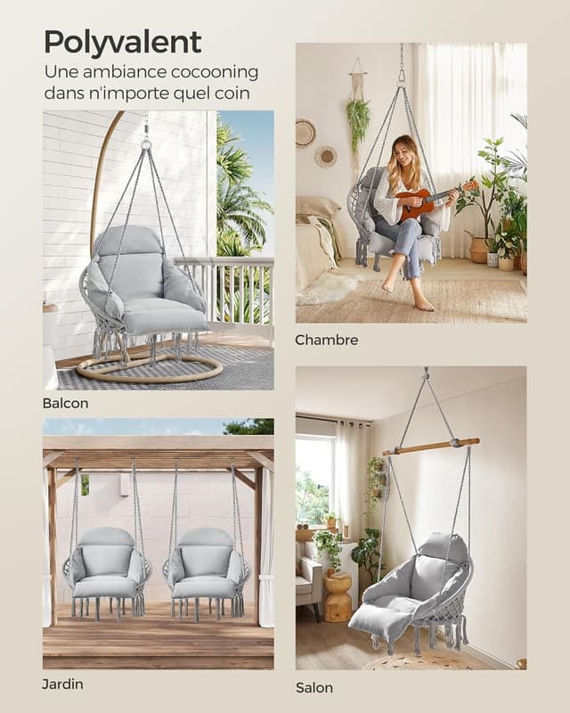Thumbnail 6 de SONGMICS Fauteuil suspendu GDC042G11V3 avec coussin épais et franges, capacité 120 kg, gris tourterelle