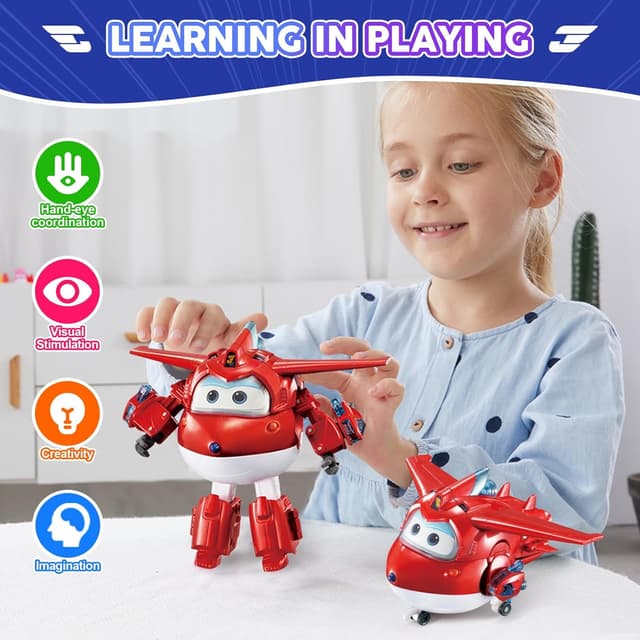 Detalle 2 de Super Wings Transformable Jett “Supercharged” 2-in-1: aeroplano e figura robotica per bambini (circa 12,7 cm), a partire da 3 anni