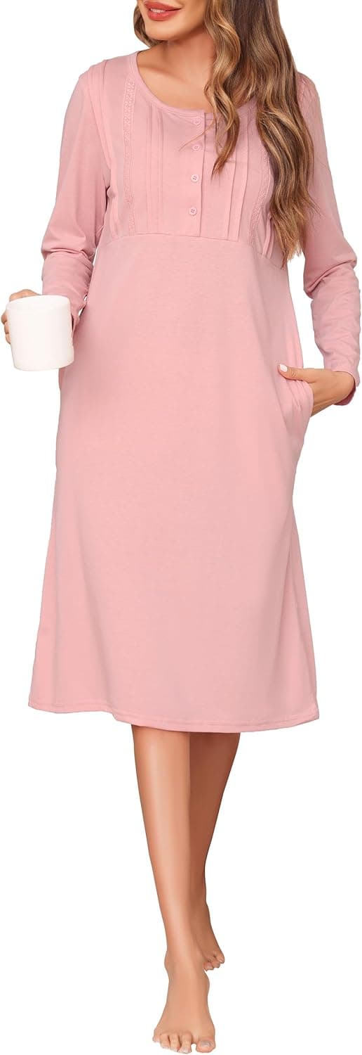 Wikoan women’s cotton nightdress with long sleeves, crew neck and pockets (UK sizes 6–24)