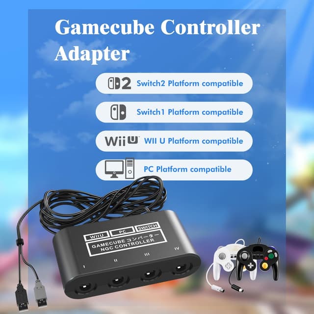 Detalle de GameCube Controller Adapter for Nintendo Switch, Wii U, PC (Turbo & Vibration) — 180cm USB Cable