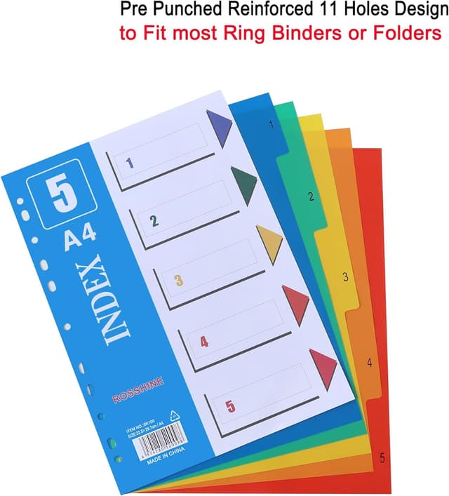 Detalle de ROSSHINE 1–5 Part A4 File Dividers (16-Pack) – Plastic Index Dividers for Ring & Lever Arch Folders