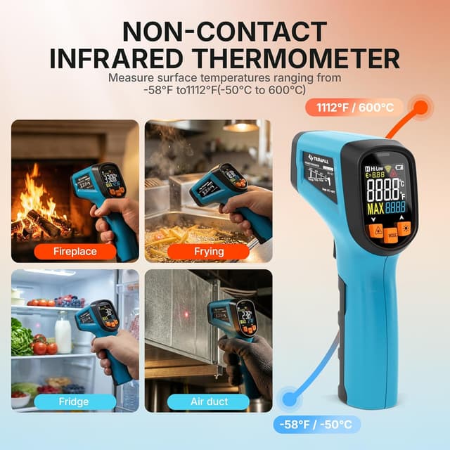 Detalle de Tilswall Infrared Thermometer Gun with Adjustable Emissivity (−50°C to 600°C) – for BBQ, Pizza Ovens and Vehicle Repair