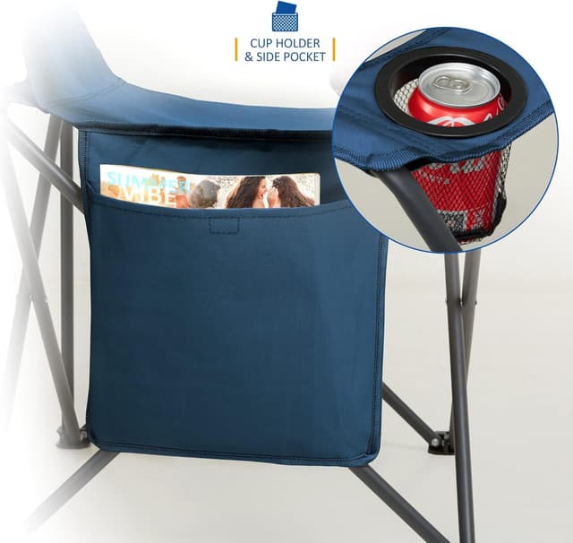 Detalle de SUNMER Folding Camping Chair (Extra Wide) with Armrests, Cup Holder & Magazine Pocket — Blue, 2.5KG, 120kg capacity