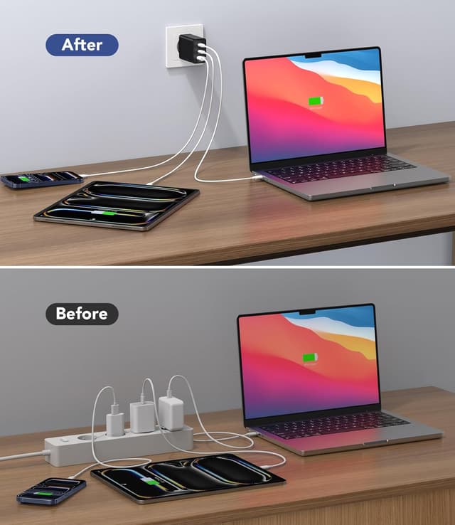 Detalle 2 de 65W USB-C Ladegerät mit 3 Ports (USB + USB-C) und 2 m Ladekabel – Multiport Netzteil für MacBook, iPhone & mehr