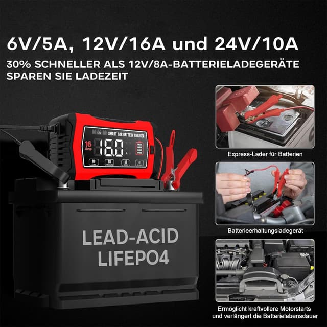 Detalle de Haisito 16A Autobatterieladegerät für 6V/12V/24V mit LCD – Erhaltungsladung & Entsulfatierung für AGM, LiFePO4 und Blei-Säure