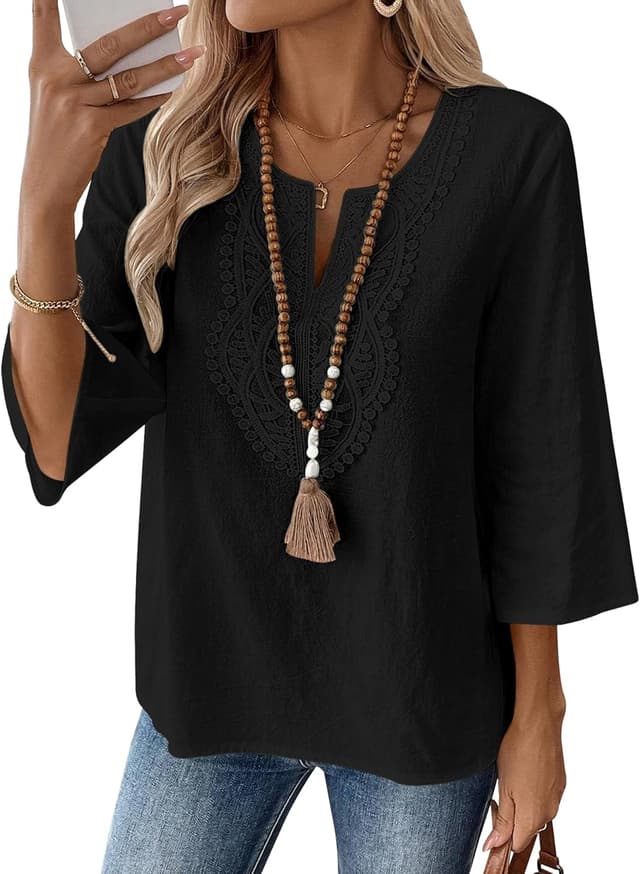 Detalle de Rapbin Damen-Bluse 3/4 Arm mit V-Ausschnitt aus Baumwoll-Leinen-Mix und Spitze