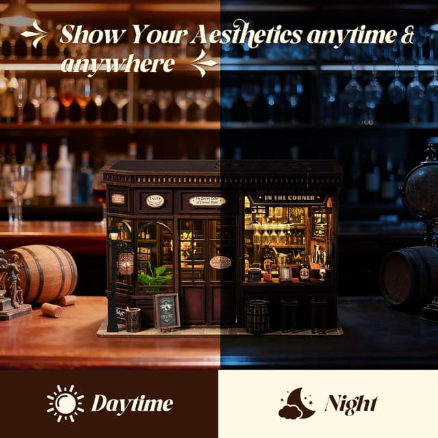 Detalle de Teoryieer Wooden Booknook DIY 3D con luci LED e coperchio antipolvere – Piccola Taverna