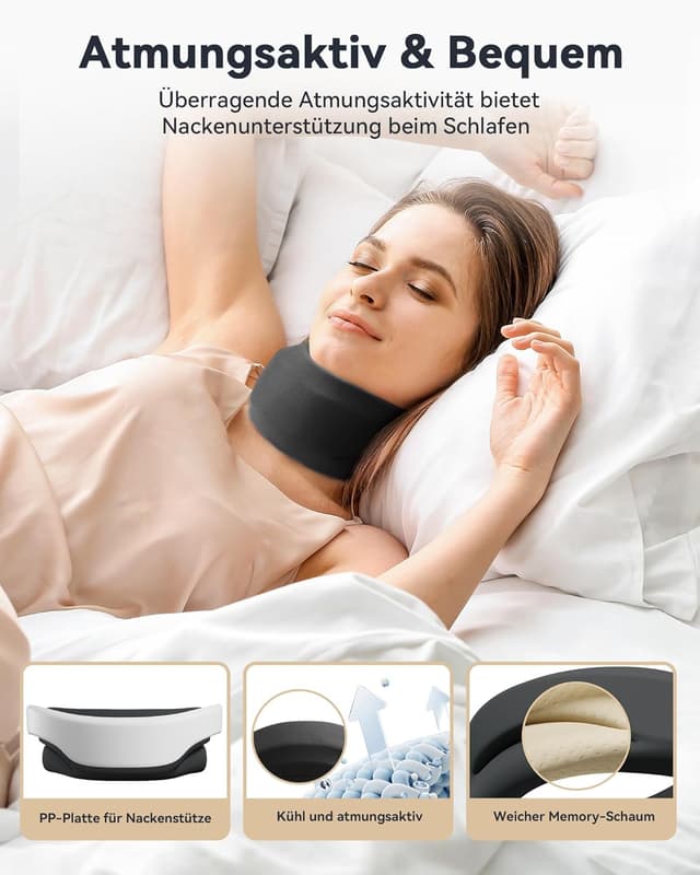 Detalle de BETOVIN Nackenstütze gegen Nackenschmerzen (semi-rigide Halskrause) – verstellbar, für Schlafen & tagsüber, Schwarz, M