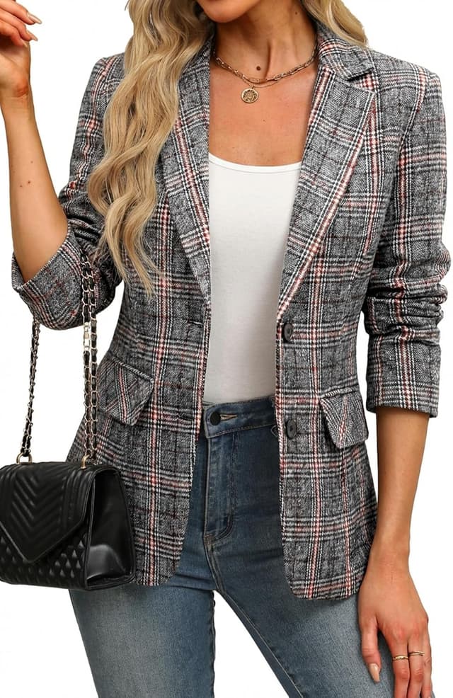 Detalle de ELLEVEN Lapel Collar Plaid Blazer 👔