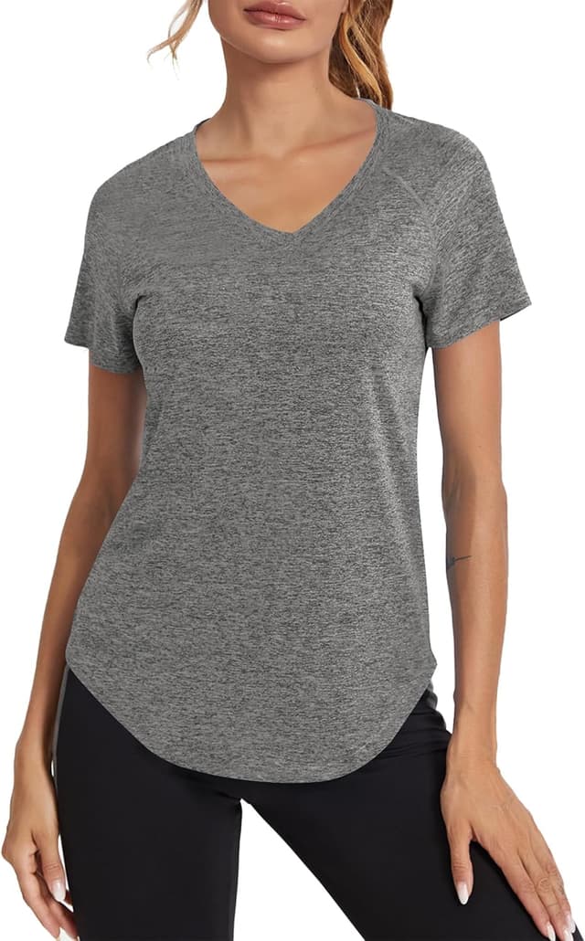 Detalle de Wayleb Damen Sportshirt mit V-Ausschnitt, Kurzarm – leichtes Funktions-Top mit Mesh-Rücken