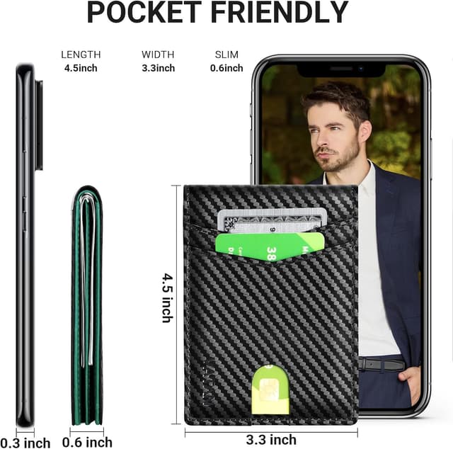 Detalle 2 de VATAN Slim RFID Blocking Leather Wallet (Carbon Black & Green) for up to 15 Cards