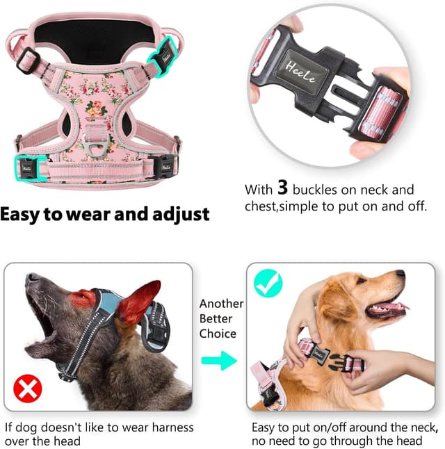 Detalle 2 de HEELE Dog Harness Large (No Pull, Reflective, Padded) – Floral-Pink, Size L