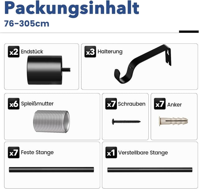 Thumbnail 6 de GEEBOBO Gardinenstange Schwarz 76–305 cm (ausziehbar, 19 mm) für Schlafzimmer, Wohnzimmer & Küche