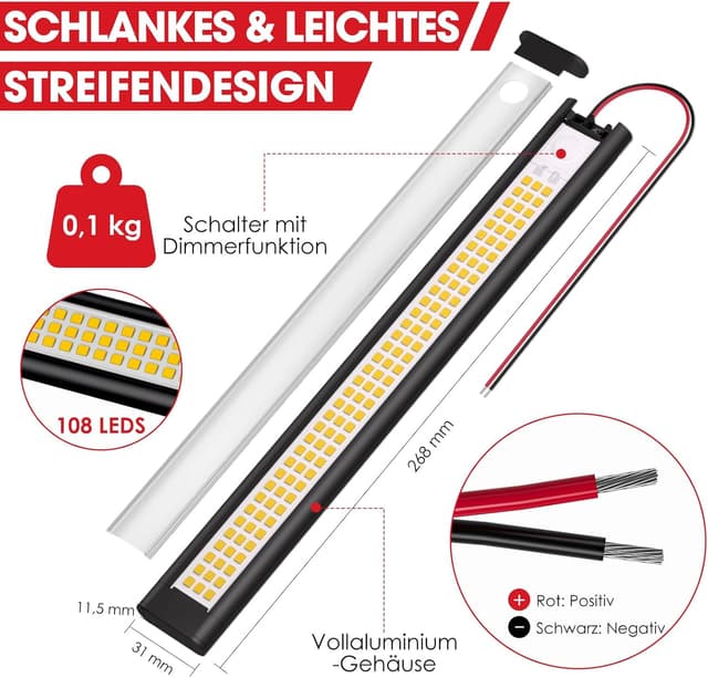 Detalle de GZV 12V LED Wohnmobil-Lampe (4er-Set, schwarz) mit 4000K und 1100 lm
