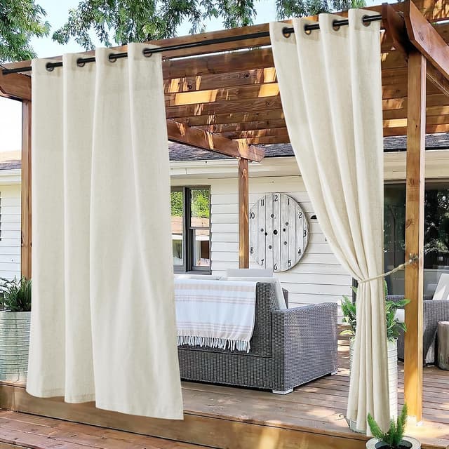 Detalle de PONY DANCE Outdoor-Vorhang mit Ösen, 2er Set für Terrasse & Pavillon – Beige, halbtransparent, H 213 x B 140 cm
