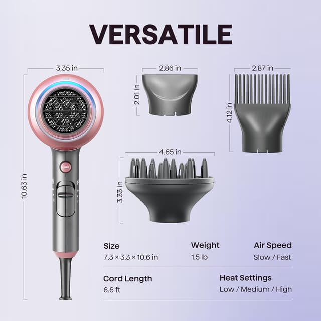 Thumbnail 6 de Wavytalk Blown Away Ionic Hair Dryer (1875W) with Diffuser, 3 Attachments, Rose Gold