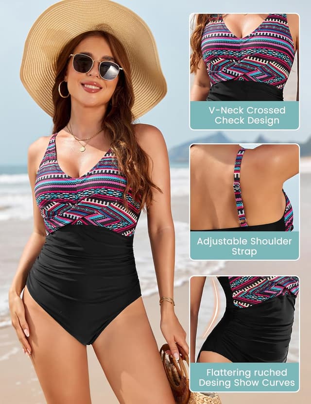 Detalle 2 de Vijamiy Damen-Badeanzug „Bauchweg“ mit Push-up, tiefem V-Ausschnitt und verstellbaren Trägern