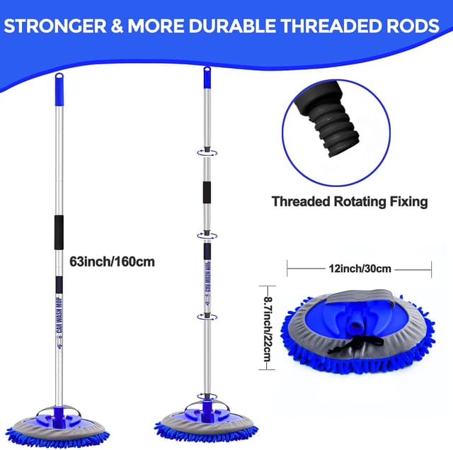 Detalle 2 de 160cm (63") Car Wash Brush with Microfibre Heads – Extendable Long Handle Cleaning Mop Mitt (with 3 Replacement Heads)