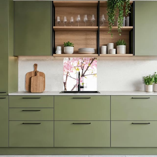 Detalle de KitchenYeah© Spritzschutz Küche 80x80 cm – selbstklebende Küchenrückwand mit Glasoptik-Design (Kirschblüte, rosa)