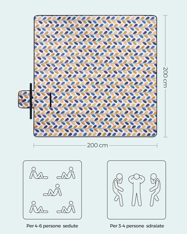 Detalle de SONGMICS Coperta Picnic 200 x 200 cm pieghevole con strato impermeabile e motivo a foglie (GCM87CU)