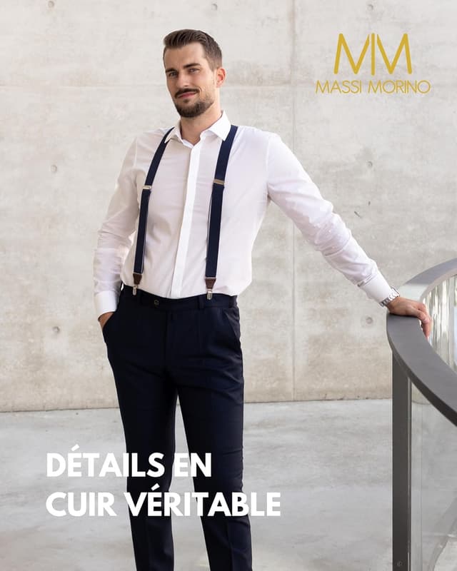 Detalle de Massi Morino Bretelles hommes en cuir véritable (forme Y) largeur 3,5 cm, clips métalliques extra-forts