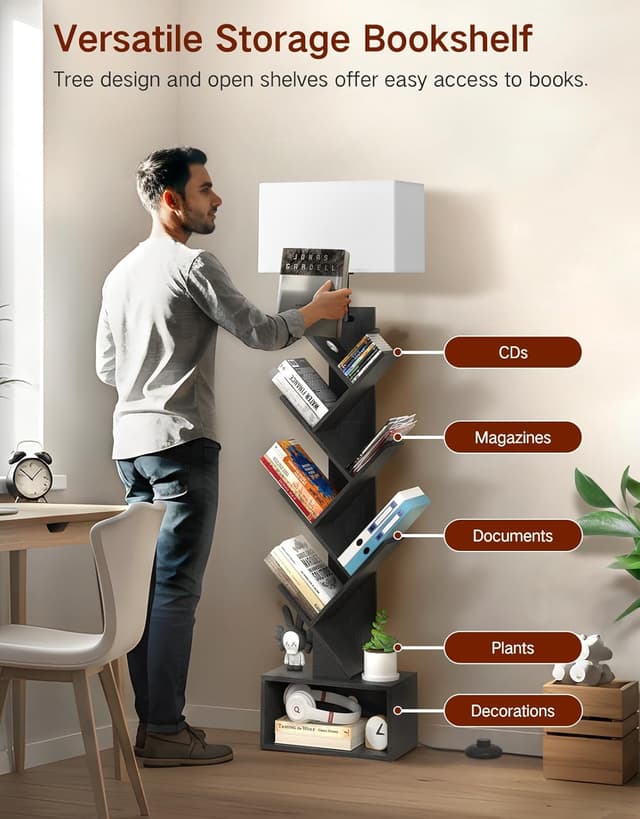 Detalle 2 de OUTONLIFE Libreria a forma di albero in legno con luci e 6 ripiani autoportante nero, con telecomando