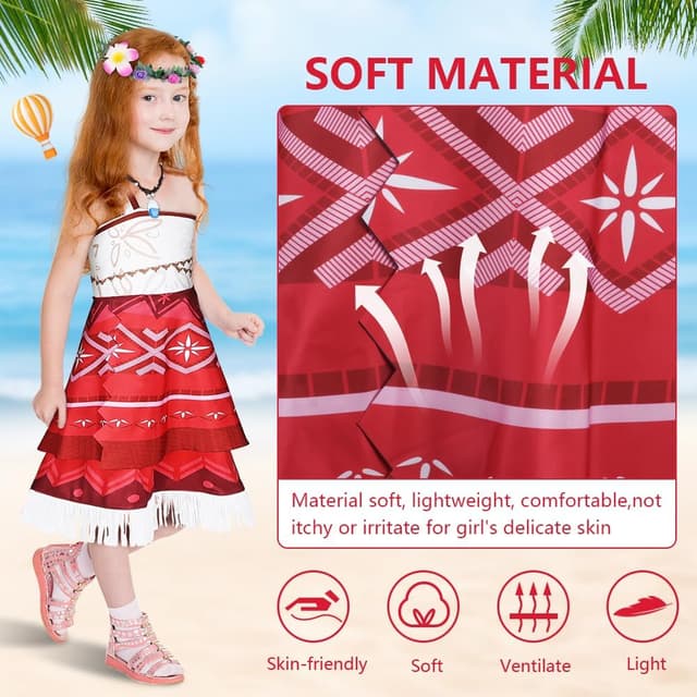 Detalle de AUYAO Kinder Prinzessin Mädchen Kostüm-Set (4-teilig) im Vaiana-/Sommerkleid-Look inkl. Blumenkranz & Zubehör