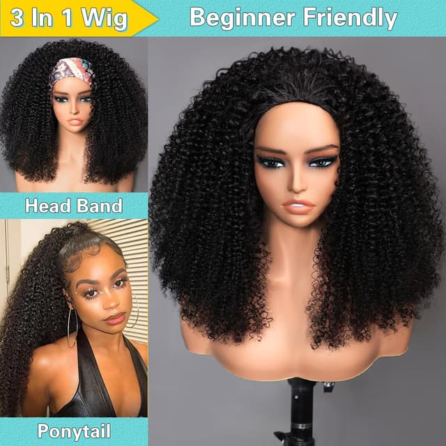 Detalle de VFFTI Kinky Curly Half Wig (Human Hair) — 3-in-1 Drawstring Seamless Flip-Over, Beginner-Friendly