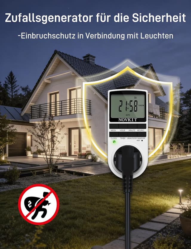 Detalle de NOVKIT Digitale Zeitschaltuhr-Steckdose mit 10 wöchentlichen Programmen und Zufallsfunktion für Innen