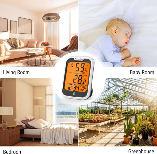 Detalle 2 de ThermoPro TP358 termometro igrometro Bluetooth interno con orologio e retroilluminato, controllo via app