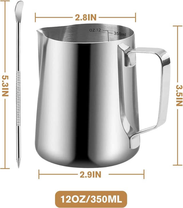 Detalle 2 de Milchkännchen Edelstahl 350 ml Mit Messung Und Latte Art Pen