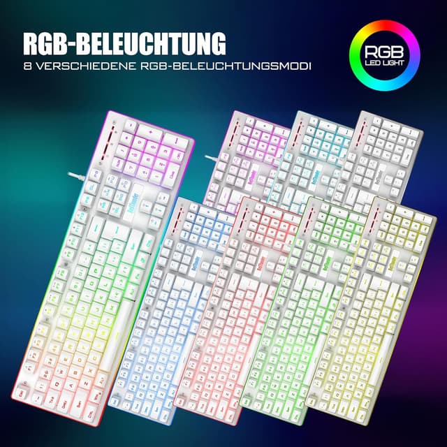 Detalle de RedThunder K10 Gaming Tastatur- und Maus-Set (QWERTZ, Metallplatte, RGB) – Weiß