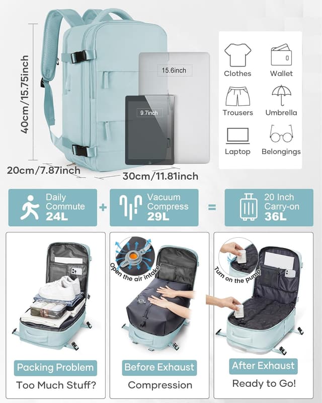 Detalle de SZLX Vakuum-Reiserucksack mit Pumpe – Handgepäck-Format für Ryanair & Wizz Air, inkl. Nass-/Trocken-Trennung und Schuhfach