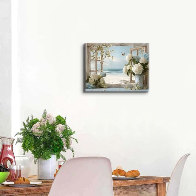 Detalle de Coastal Window Beach Wall Art Canvas – Blue Hydrangea Floral Seascape (12x16 inch, 1 panel)