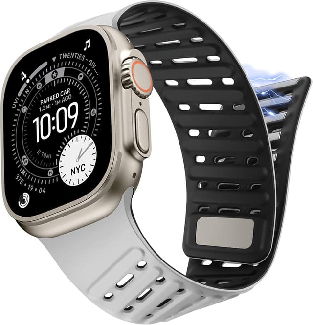 Detalle 2 de Tasikar Clip Magnetic Straps for Apple Watch – Grey-Black silicone waterproof breathable band (fits 42–49mm)