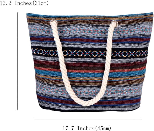 Detalle de FAVORTALK Women’s Canvas Beach Bag with Zip, Striped Tote & Pockets (45x31x14cm)