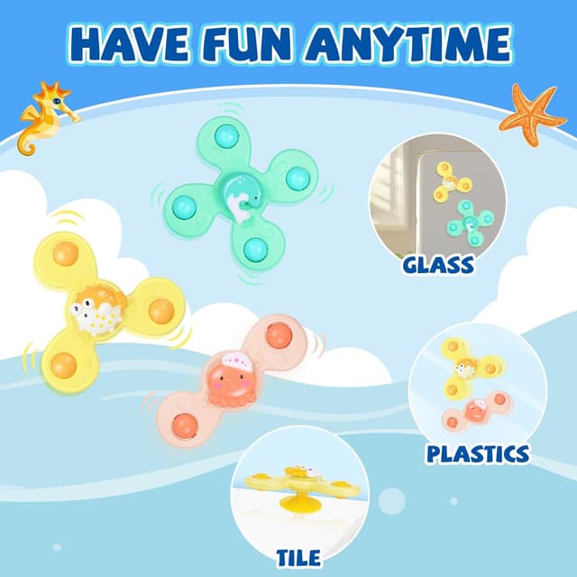 Detalle de TranRantic 3er-Set Saugnapf-Spielzeug zum Drehen (Delfin, Oktopus, Kugelfisch) fürs Bad & unterwegs