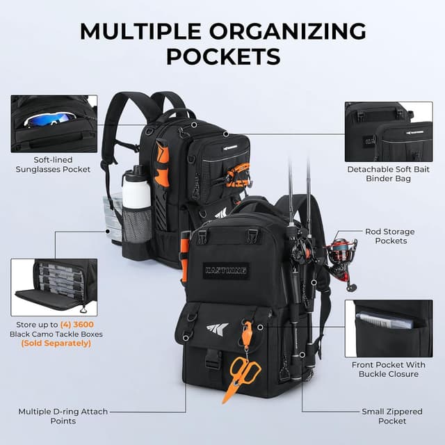 Detalle 2 de KastKing BaitSpace 50L Fishing Tackle Backpack (Removable Bait Binder, 2 Rod Holders)