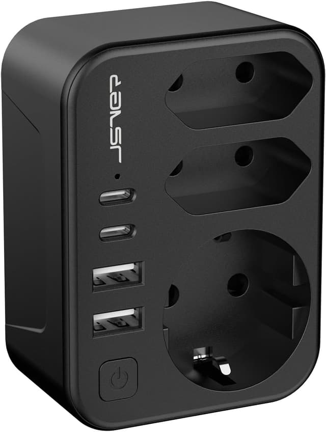 Detalle de Adaptateur de voyage JSVER 7 en 1 France vers États-Unis/Canada avec 4 ports USB et 2 prises Type B (noir)