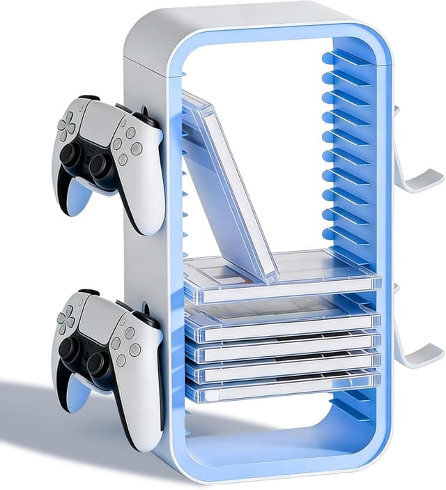 Detalle de CHUNGG universal game storage tower for 19 DVD/Blu-ray cases with controller & headphone holders (white & blue)