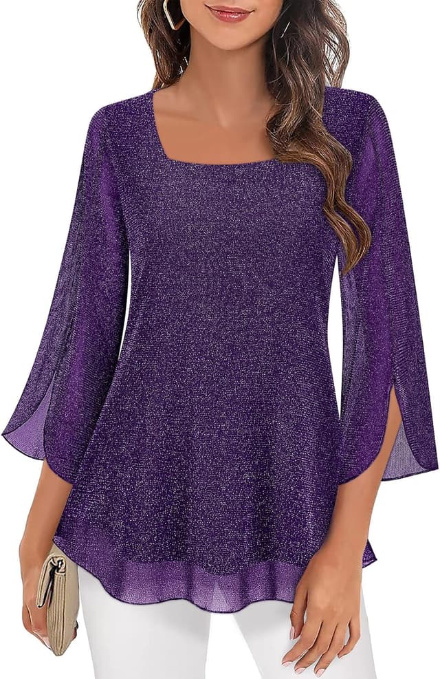 Thumbnail 6 de Syphiby women’s chiffon square neck ruffle tunic top (3/4 sleeve, double layer mesh) M–3XL