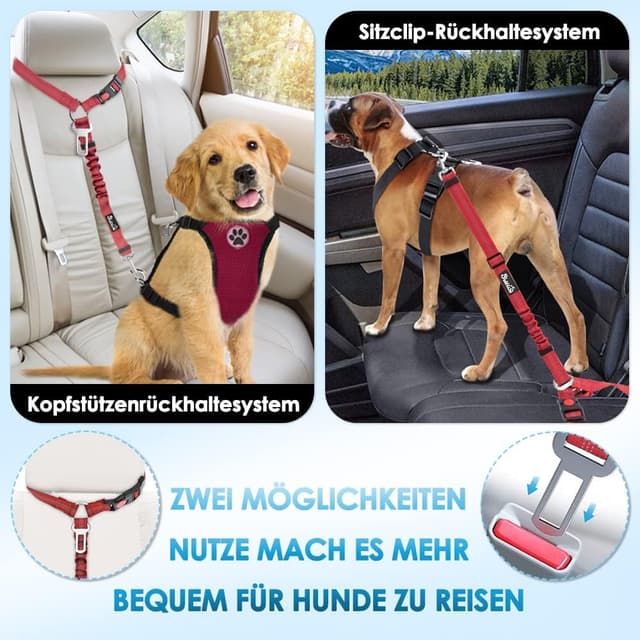 Detalle de SlowTon Hundegurt fürs Auto (2-in-1) mit Kopfstützen-Rückhaltegurt, Universalschnalle & reflektierendem Gummiband