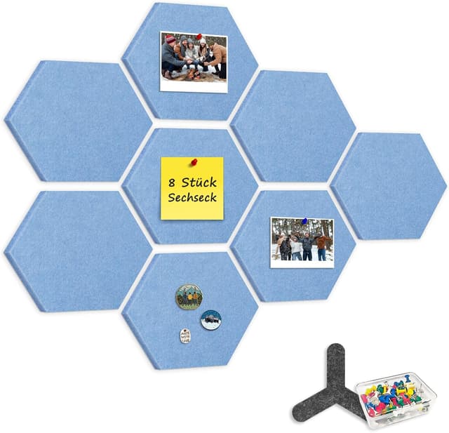 Detalle de CUHIOY Filz Pinnwand selbstklebend (8er-Set, himmelblau) mit 80 Pinnnadeln, sechseckig