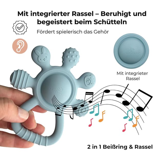 Detalle de Traummkind Beißring Baby mit Rassel & Clip – BPA-freies Silikon-Greifling zur Zahnung ab 3 Monaten