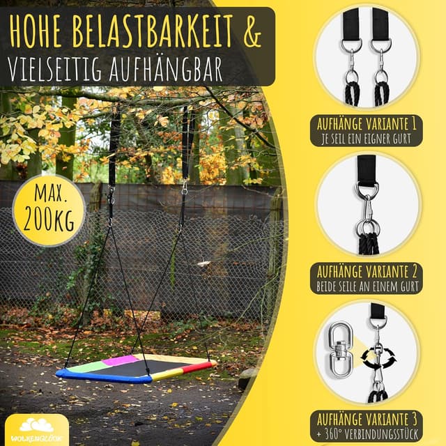 Detalle 2 de WOLKENGLÜCK® 3-in-1 Nestschaukel eckig (150 x 80 cm) mit Höhenverstellung bis 200 kg