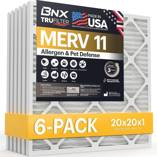 Detalle de BNX TruFilter MERV 11 20x20x1 Air Filter (19 11/16 x 19 11/16 x 3/4) - 6-Pack, Allergen Defense Electrostatic Pleated